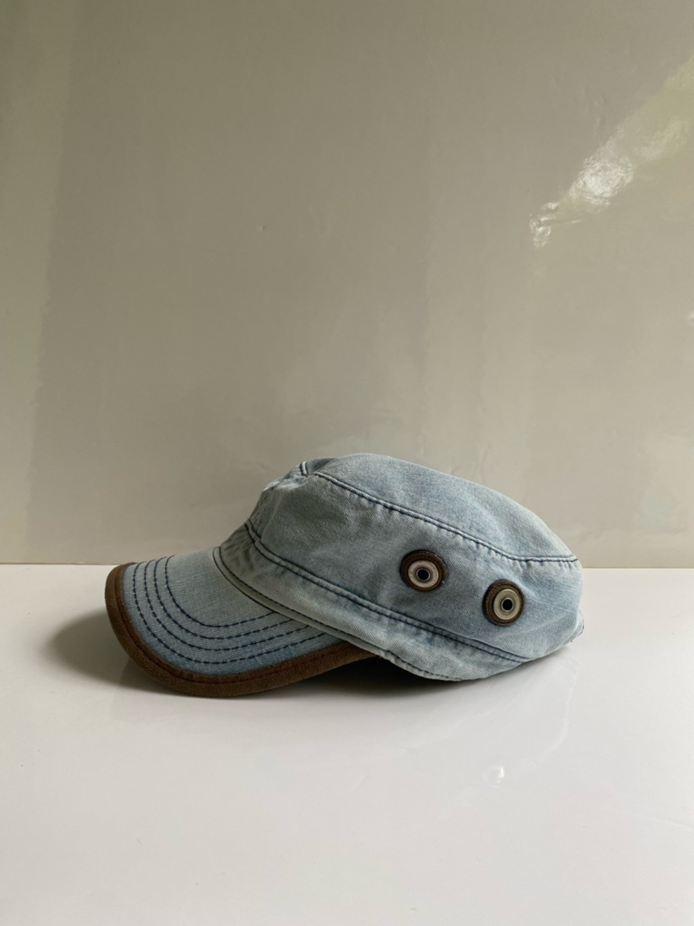 Vintage J.Cap & CO Light Wash Denim Cap with Brown leather Trim